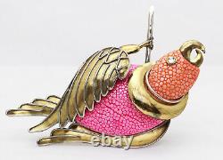 Vintage Fabrice Paris SIGNED Mixed Metal Statement Pink Parrot Bird Brooch Pin