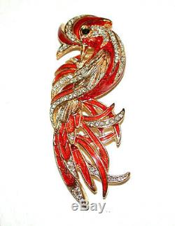 Vintage Fantasy Bird Brooch Red Enamel & Crystal Rhinestone Pin Sphinx Fabulous