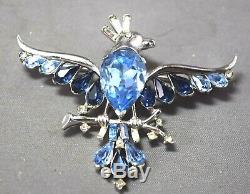 Vintage Figural Crown Trifari Shades of Blue Rhinestone Bird On A Branch Brooch