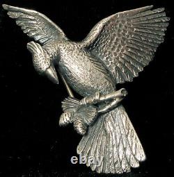 Vintage Fine Heavy Sterling Silver Bird Brooch Pin Cardinal / Blue Jay Pine Cone