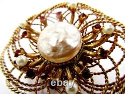 Vintage Florenza Open Work Gold Tone Nested Baroque Pearl Red Rhinestone Brooch