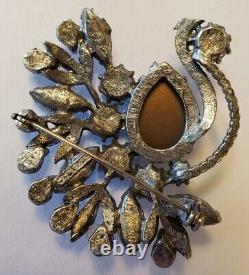 Vintage Florenza Peacock Silver Tone Rhinestone Brooch