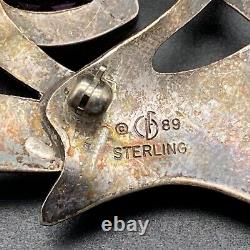 Vintage Flying Bird Amethyst Sterling Silver Pin Brooch
