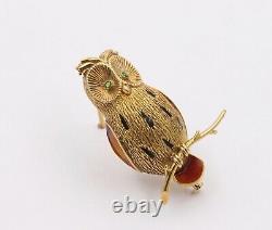 Vintage French 18K Gold and Enamel Owl Pin, Bird Brooch