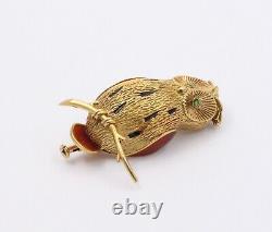 Vintage French 18K Gold and Enamel Owl Pin, Bird Brooch