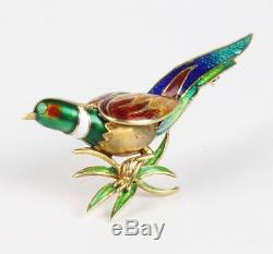 Vintage French 18K Gold and Enamel Pheasant Bird Brooch Pin