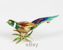 Vintage French 18K Gold and Enamel Pheasant Bird Brooch Pin