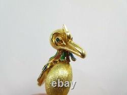 Vintage French 18k Gold Emerald Eyes Enamel Perched Bird Brooch/pin 1-1/2 High