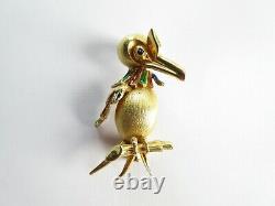 Vintage French 18k Gold Emerald Eyes Enamel Perched Bird Brooch/pin 1-1/2 High