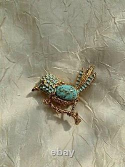 Vintage French Auriege Designer Brooch Blue Bird on a branch, Turquoise stone