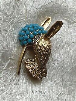 Vintage French Designer Brooch D'ORLAN Humming bird with Turquoise Cabochons