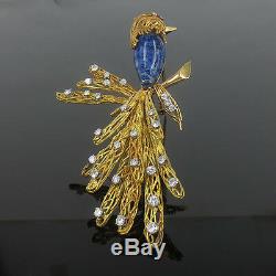 Vintage French Diamond Sapphire & Lapis Lazuli 18K Gold Hand Carved Bird Brooch