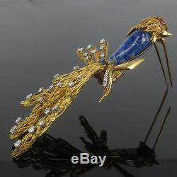 Vintage French Diamond Sapphire & Lapis Lazuli 18K Gold Hand Carved Bird Brooch