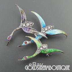 Vintage Germany Sterling Silver Marcasite Enamel Flying Birds Brooch Pin #5157