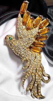 Vintage Gold Bird Of Paradise Rhinestone Brooch Pin