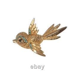 Vintage Gold Tone Bird Brooch Blue Glass Turquoise Beads Circa 1950s