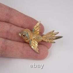 Vintage Gold Tone Bird Brooch Blue Glass Turquoise Beads Circa 1950s