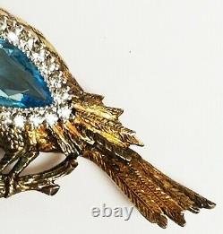 Vintage Gold Wash Sterling Silver Rhinestone Aqua Blue Crystal BIRD Brooch 2.5
