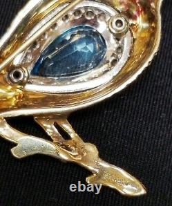 Vintage Gold Wash Sterling Silver Rhinestone Aqua Blue Crystal BIRD Brooch 2.5