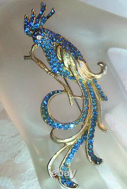 Vintage Goldplated Blue Rhinestone Fancy Bird Brooch So Pretty Estate Jewelry
