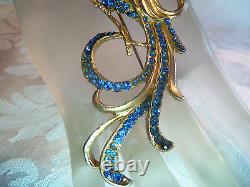 Vintage Goldplated Blue Rhinestone Fancy Bird Brooch So Pretty Estate Jewelry