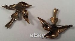 Vintage Goldwash Sterling Silver Rhinestones Bird Pin Brooch Pair