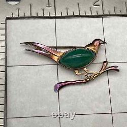 Vintage Gump's Japan Jade Stone Bird Gold Wash Silver Pin Brooch
