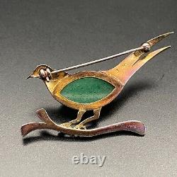 Vintage Gump's Japan Jade Stone Bird Gold Wash Silver Pin Brooch