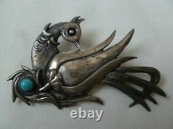 Vintage Halay Sterling Silver Bird Of Paradise Brooch Set With Turquoise
