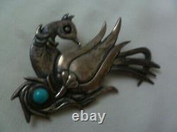 Vintage Halay Sterling Silver Bird Of Paradise Brooch Set With Turquoise