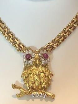 Vintage Hammerman Brothers 18k Gold Diamond Ruby Owl Pin Brooch Exquisite Rare
