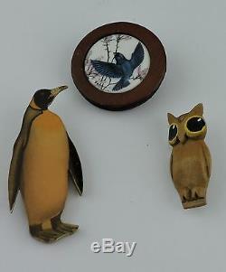 Vintage Hand Crafted Wooden Brooch Pin Lot 3 Penguin Owl Birds