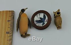 Vintage Hand Crafted Wooden Brooch Pin Lot 3 Penguin Owl Birds