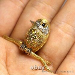 Vintage Hand Engraved Florentine Diamond Onyx 18k Chickadee Bird Brooch Pin