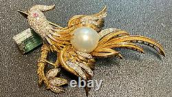 Vintage Handmade 14 K BIRD BROOCH With approx. 100 diamonds and south sea pearl