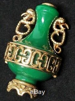 Vintage Hattie CARNEGIE Molded Jade Green Urn Bird Snake Handles Figural Brooch