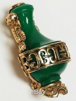 Vintage Hattie CARNEGIE Molded Jade Green Urn Bird Snake Handles Figural Brooch
