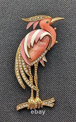 Vintage Hattie Carnegie Heron Crane Bird BROOCH Gold Tone & Pink unsigned B3