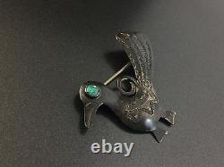 Vintage Indian Sterling Silver Bird Turquoise Stampwork Pin Brooch