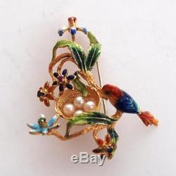 Vintage Italian 18k Gold Enamel Bird Nest Pin/ Brooch With Pearls & Gems