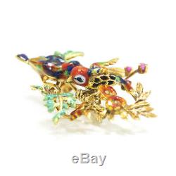 Vintage Italian Bird Brooch 18K Gold with Enamel & Rubies