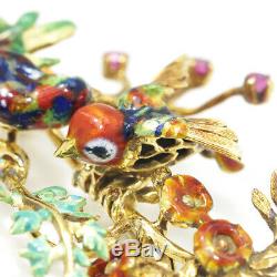 Vintage Italian Bird Brooch 18K Gold with Enamel & Rubies