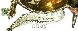 Vintage Italian Signed 14K Yellow Gold, Enamel & Emerald Fire Bird Brooch