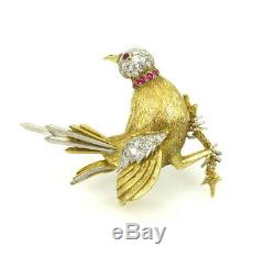 Vintage J. GJLRY 1.80ct Diamond 0.30ct Ruby 14K White & Yellow Gold Bird Brooch