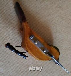 Vintage Japanese Takahashi Bird Pin Brooch Hand Carved & Painted