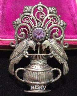 Vintage Jewellery Beautiful Sterling Silver & Amethyst Birds Signed Brooch