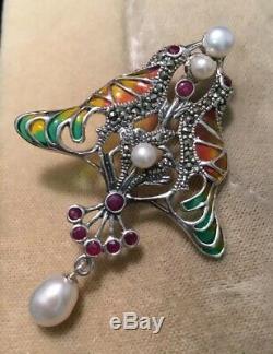 Vintage Jewellery Beautiful Sterling Silver, Enamel, Ruby & Pearl Birds Brooch
