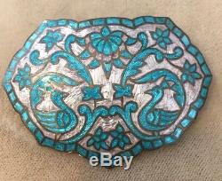 Vintage Jewellery Silver and Turquoise Enamel Birds And Flowers Large Brooch