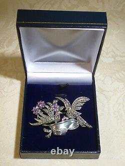 Vintage Jewellery Sterling Silver Love Birds Nest in Hat Amethyst Brooch/Pin Box