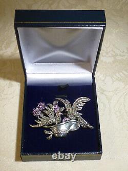 Vintage Jewellery Sterling Silver Love Birds Nest in Hat Amethyst Brooch/Pin Box